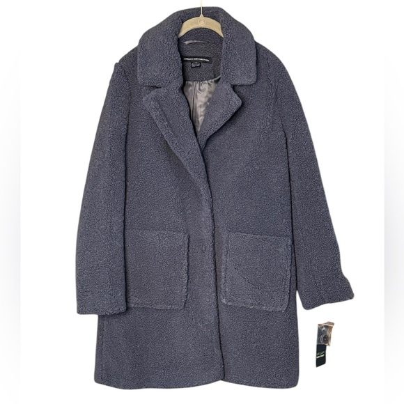 FRENCH CONNECTION Faux Shearling Teddy Coat S 21” p2p Denim Blue $200 Retail NWT - Picture 2 of 13